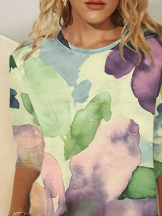 Damen Geblümt Langarm T-Shirts T-Shirt Rundhals Print Lässig Frühling/Herbst T-Shirt mit Grafik Oberteile