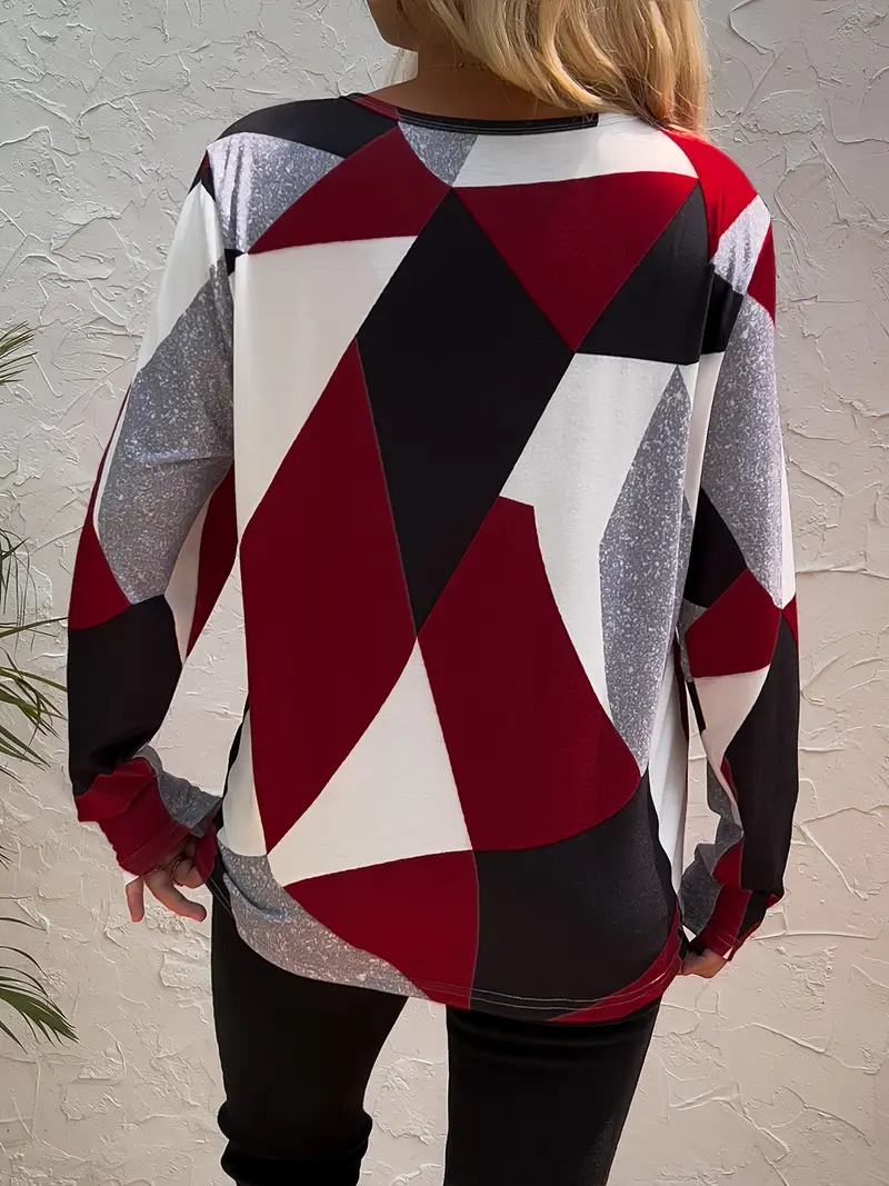 Damen Geometrisch Langarm T-Shirts T-Shirt Rundhals Print Lässig Frühling/Herbst T-Shirt mit Grafik Oberteile