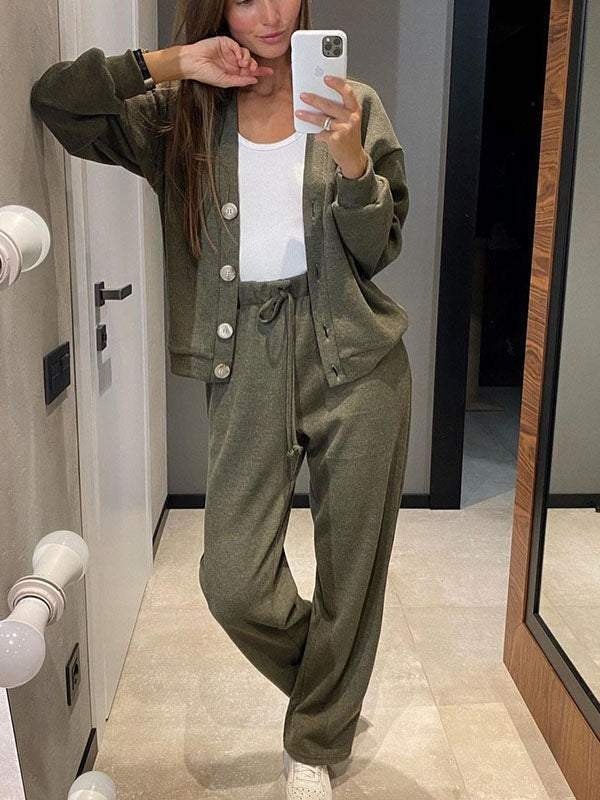 Damen Unifarben Nahtverarbeitung Zweiteiliges Set Täglich Langarm Lässig Frühling/Herbst Bluse mit Hose Matching Set