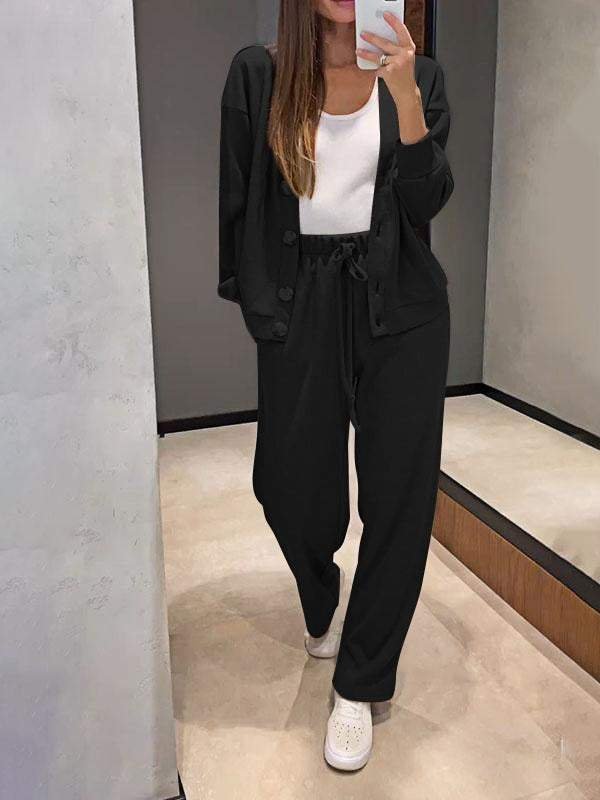 Damen Unifarben Nahtverarbeitung Zweiteiliges Set Täglich Langarm Lässig Frühling/Herbst Bluse mit Hose Matching Set