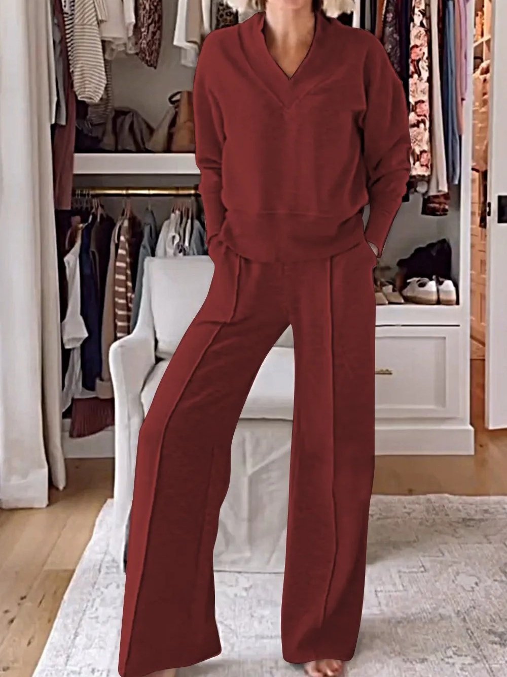 Damen Unifarben Nahtverarbeitung Zweiteiliges Set Täglich Langarm Lässig Frühling/Herbst Bluse mit Hose Matching Set
