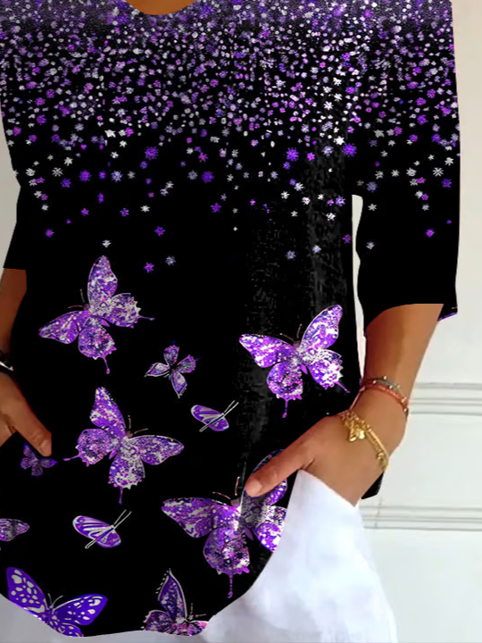 Damen Schmetterling Dreiviertelärmel T-Shirts T-Shirt V-Ausschnitt Print Lässig Frühling/Herbst T-Shirt mit Grafik Oberteile