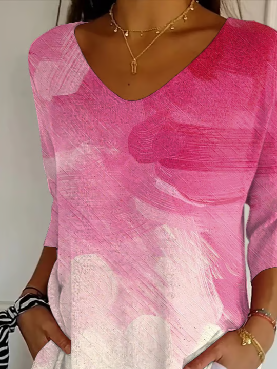 Damen Abstrakt Dreiviertelärmel T-Shirts T-Shirt V-Ausschnitt Print Lässig Frühling/Herbst T-Shirt mit Grafik Oberteile