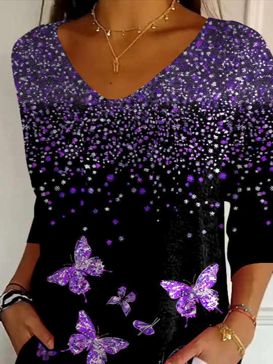 Damen Schmetterling Dreiviertelärmel T-Shirts T-Shirt V-Ausschnitt Print Lässig Frühling/Herbst T-Shirt mit Grafik Oberteile