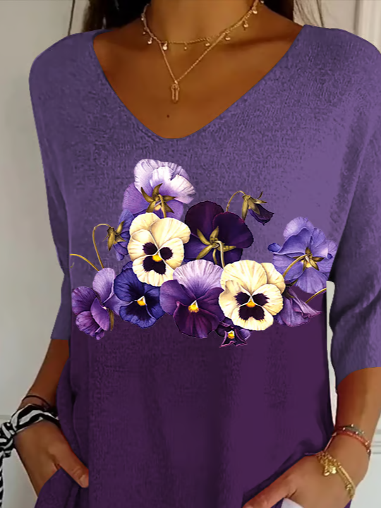 Damen Geblümt Dreiviertelärmel T-Shirts T-Shirt V-Ausschnitt Print Lässig Frühling/Herbst T-Shirt mit Grafik Oberteile