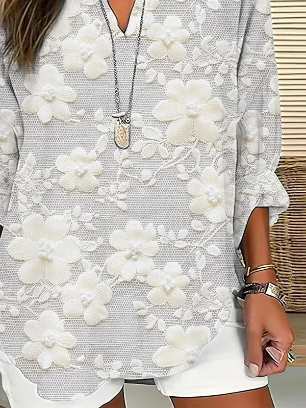 Damen Geblümt Langarm Bluse Frühling/Herbst Print V-Ausschnitt Täglich Lässig Oberteile
