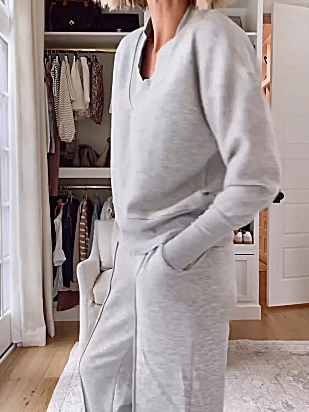 Damen Unifarben Nahtverarbeitung Zweiteiliges Set Täglich Langarm Lässig Frühling/Herbst Bluse mit Hose Matching Set