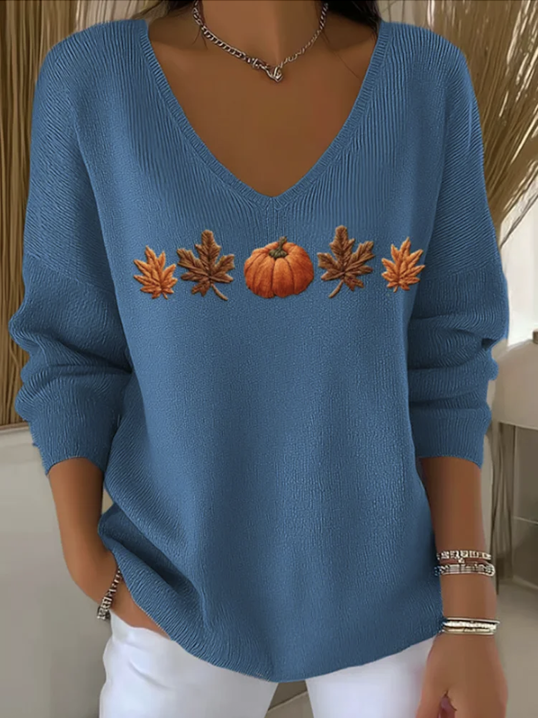 Damen Geblümt Frühling/Herbst Lässig Langarm V-Ausschnitt Baumwolle Pullover