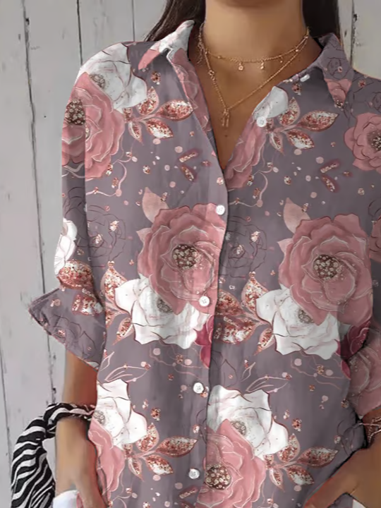 Damen Geblümt Dreiviertelärmel Bluse Frühling/Herbst Print Hemdkragen Täglich Lässig Oberteile