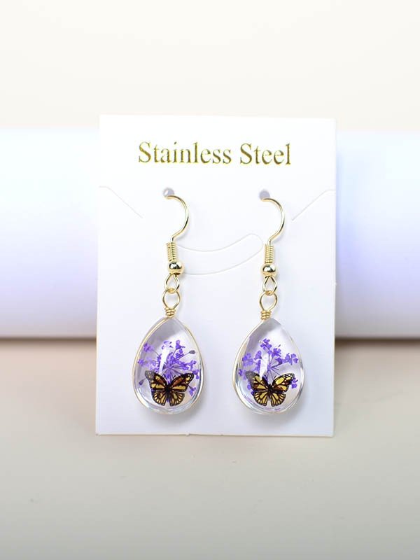 Schmetterling Zeit Juwel Getrocknet Blume Schleierkraut Spitze Blume Pastoral Stil Glas Ohrringe