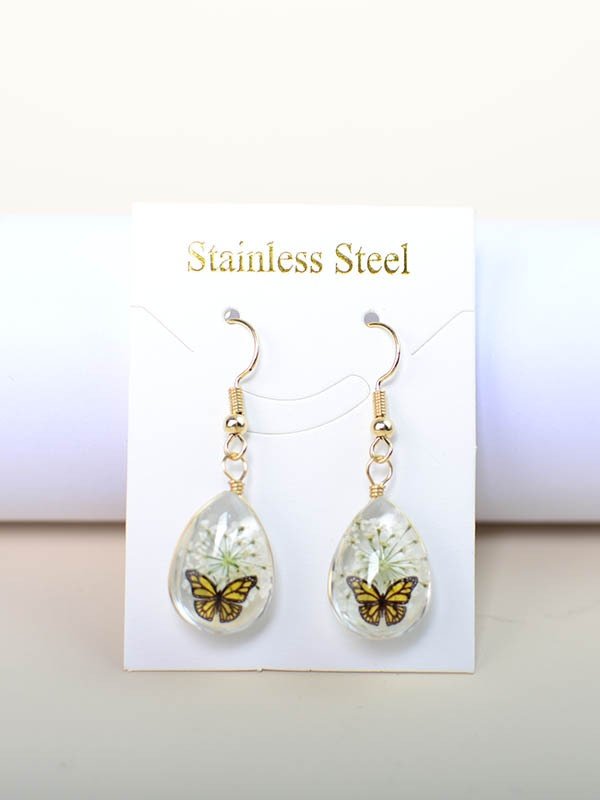 Schmetterling Zeit Juwel Getrocknet Blume Schleierkraut Spitze Blume Pastoral Stil Glas Ohrringe