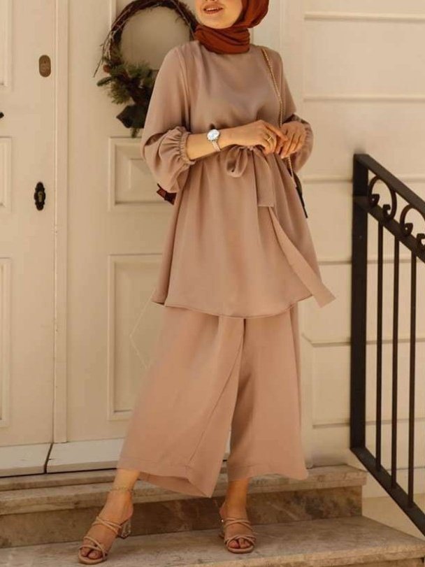Damen Unifarben Nahtverarbeitung Zweiteiliges Set Täglich Langarm Lässig Frühling/Herbst Bluse mit Hose Matching Set