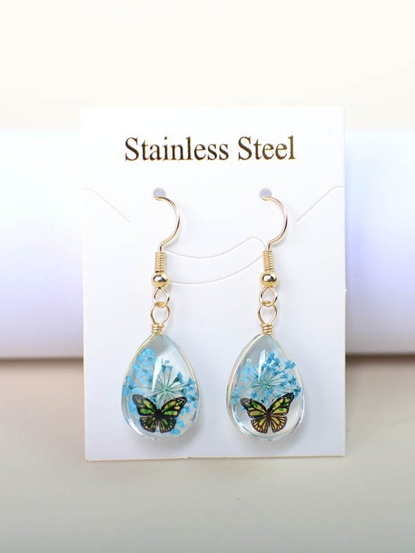 Schmetterling Zeit Juwel Getrocknet Blume Schleierkraut Spitze Blume Pastoral Stil Glas Ohrringe