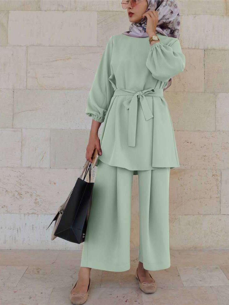 Damen Unifarben Nahtverarbeitung Zweiteiliges Set Täglich Langarm Lässig Frühling/Herbst Bluse mit Hose Matching Set