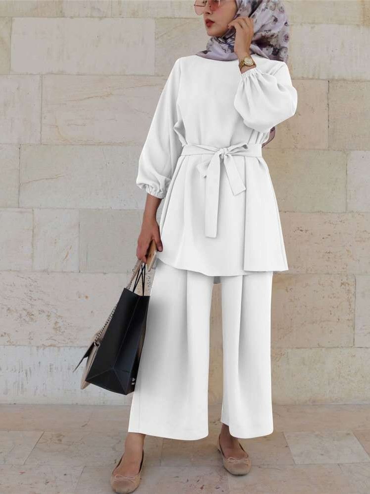 Damen Unifarben Nahtverarbeitung Zweiteiliges Set Täglich Langarm Lässig Frühling/Herbst Bluse mit Hose Matching Set