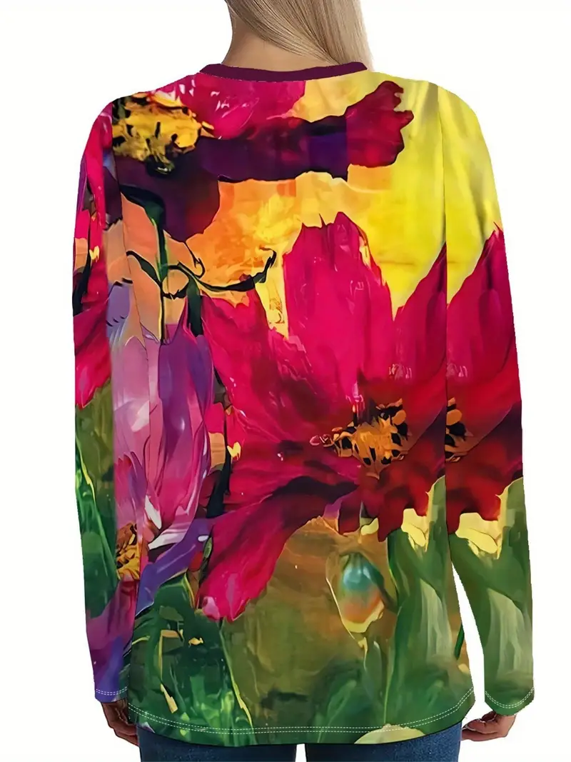 Damen Geblümt Langarm T-Shirts T-Shirt Rundhals Print Lässig Frühling/Herbst T-Shirt mit Grafik Oberteile
