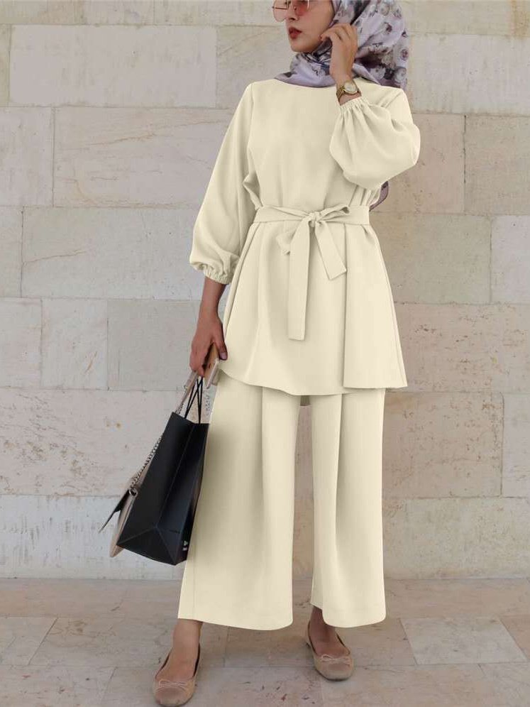Damen Unifarben Nahtverarbeitung Zweiteiliges Set Täglich Langarm Lässig Frühling/Herbst Bluse mit Hose Matching Set