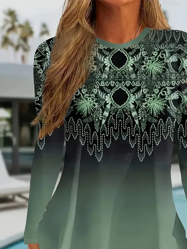 Damen Ethnisch Langarm T-Shirts T-Shirt Rundhals Print Lässig Frühling/Herbst T-Shirt mit Grafik Oberteile