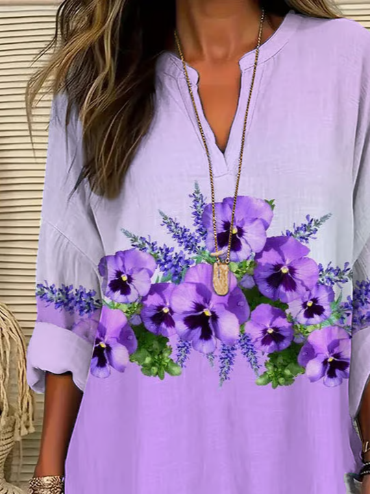 Damen Geblümt Langarm Bluse Frühling/Herbst Print V-Ausschnitt Täglich Lässig Oberteile