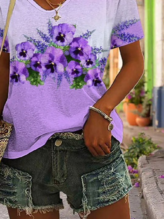 Damen Geblümt Kurzarm T-Shirts T-Shirt V-Ausschnitt Print Lässig Sommer T-Shirt mit Grafik Oberteile