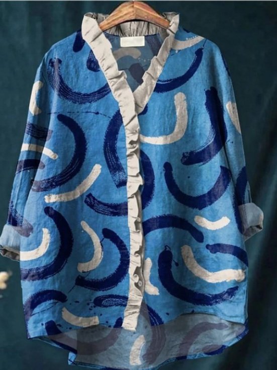 Damen Geometrisch Langarm Bluse Frühling/Herbst Print Lotus Blattkragen Täglich Retro Oberteile