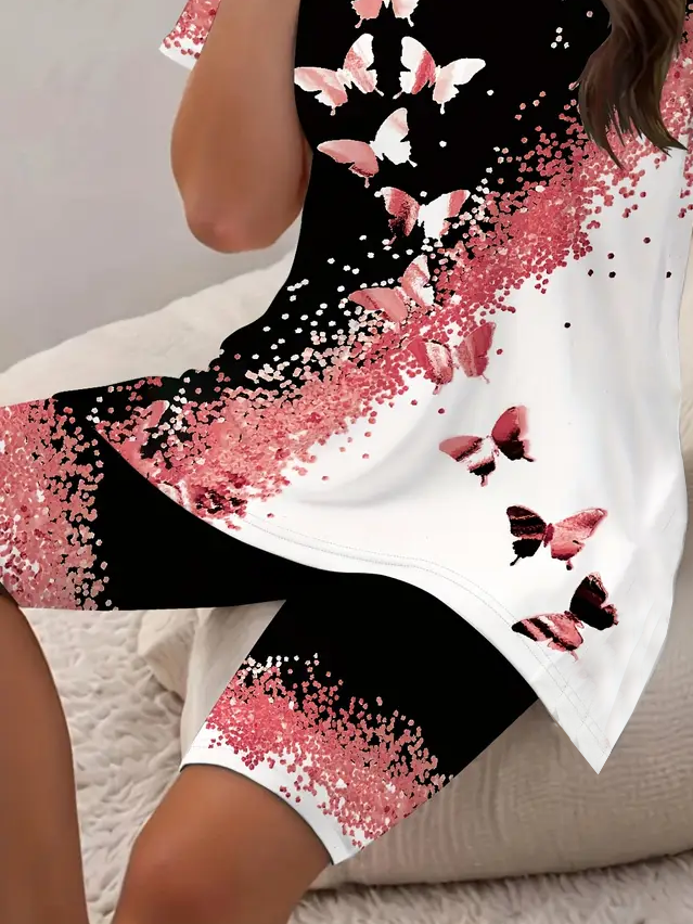 Damen Schmetterling Print Zweiteiliges Set Täglich Kurzarm Lässig Sommer Bluse mit Hose Matching Set