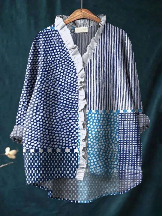 Damen Geometrisch Langarm Bluse Frühling/Herbst Print Lotus Blattkragen Täglich Retro Oberteile