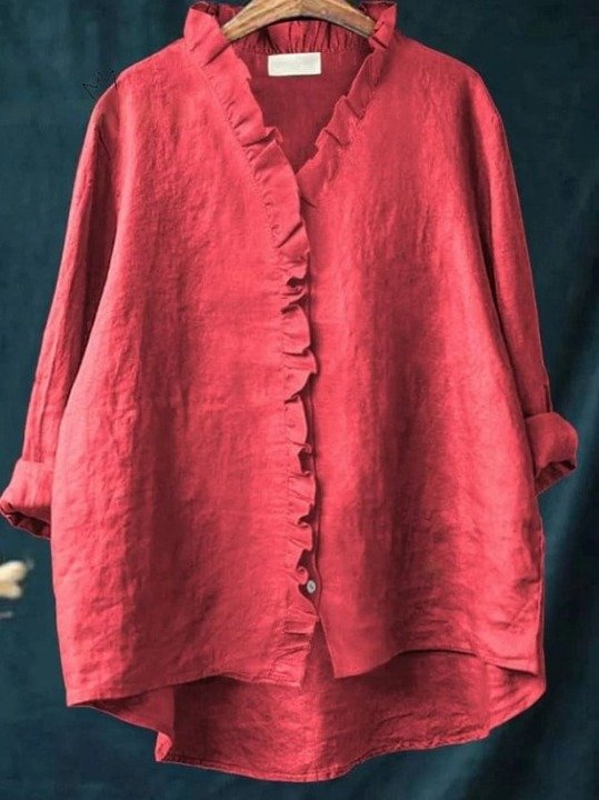Damen Geometrisch Langarm Bluse Frühling/Herbst Print Lotus Blattkragen Täglich Retro Oberteile