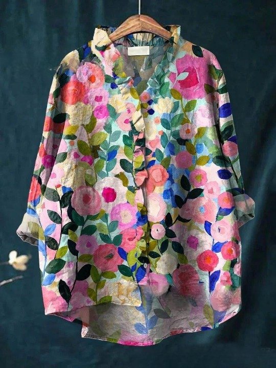 Damen Geometrisch Langarm Bluse Frühling/Herbst Print Lotus Blattkragen Täglich Retro Oberteile