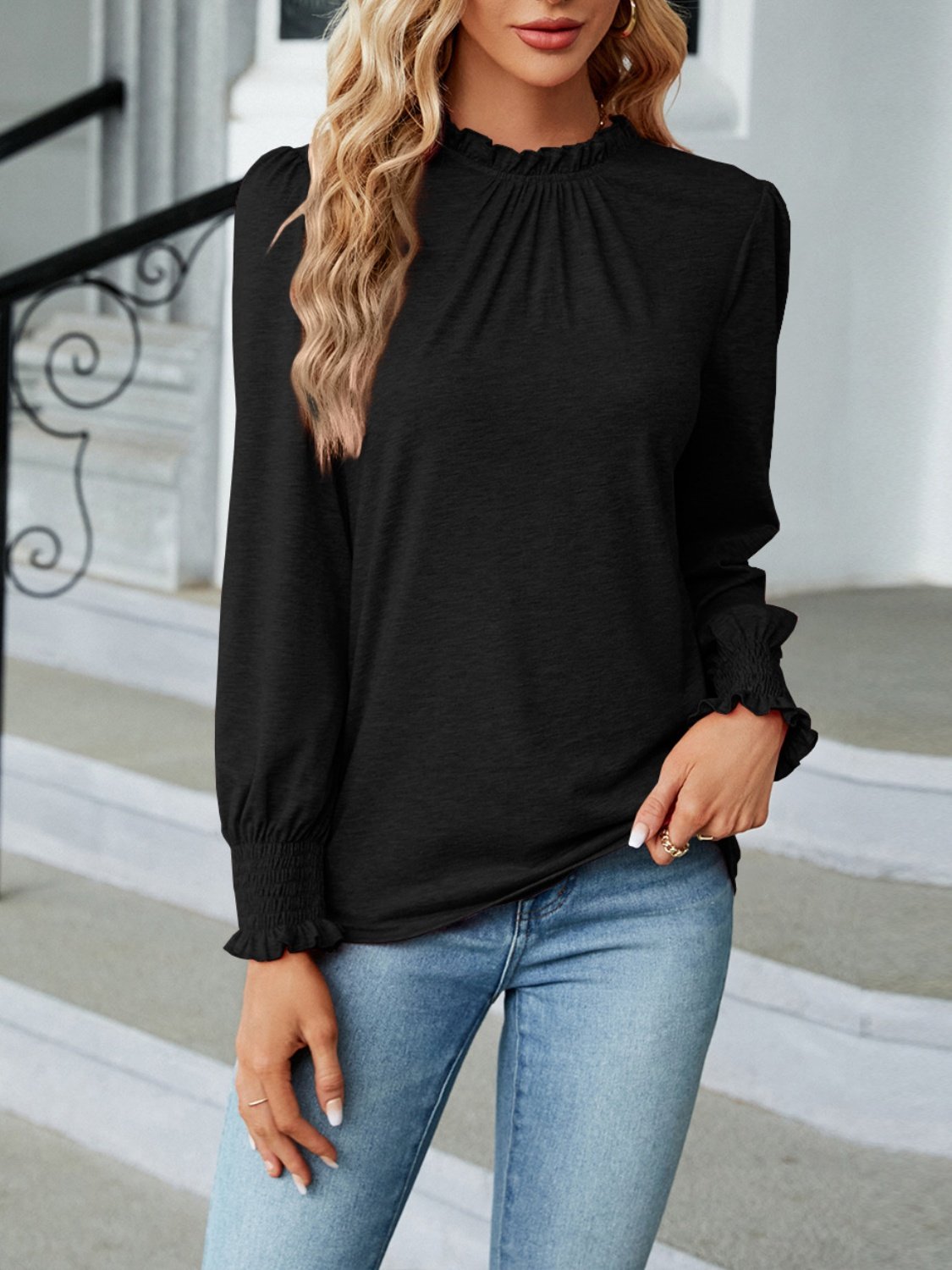 Damen Unifarben Langarm T-Shirts T-Shirt Rundhals Gerafft Retro Frühling/Herbst Oberteile