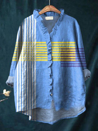 Damen Geometrisch Langarm Bluse Frühling/Herbst Print Lotus Blattkragen Täglich Retro Oberteile