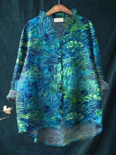 Damen Geometrisch Langarm Bluse Frühling/Herbst Print Lotus Blattkragen Täglich Retro Oberteile