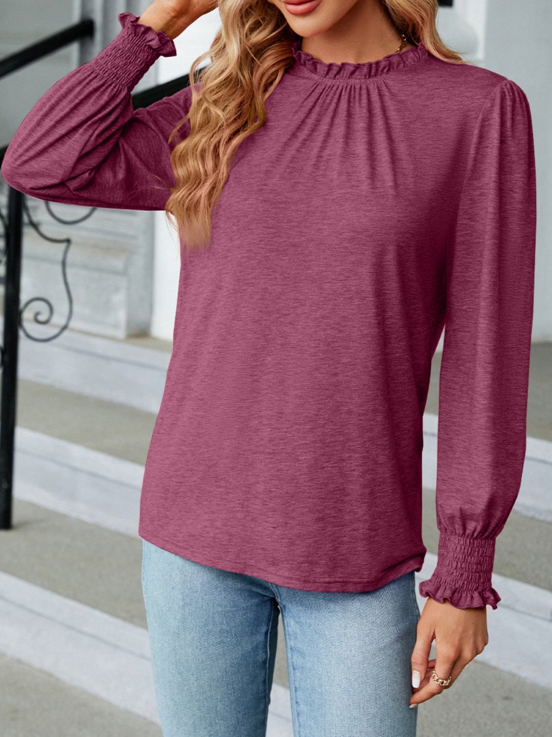 Damen Unifarben Langarm T-Shirts T-Shirt Rundhals Gerafft Retro Frühling/Herbst Oberteile