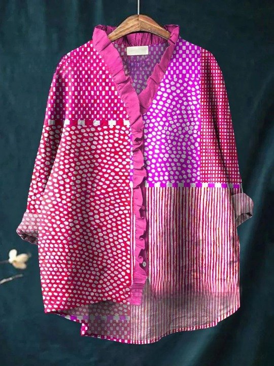 Damen Geometrisch Langarm Bluse Frühling/Herbst Print Lotus Blattkragen Täglich Retro Oberteile