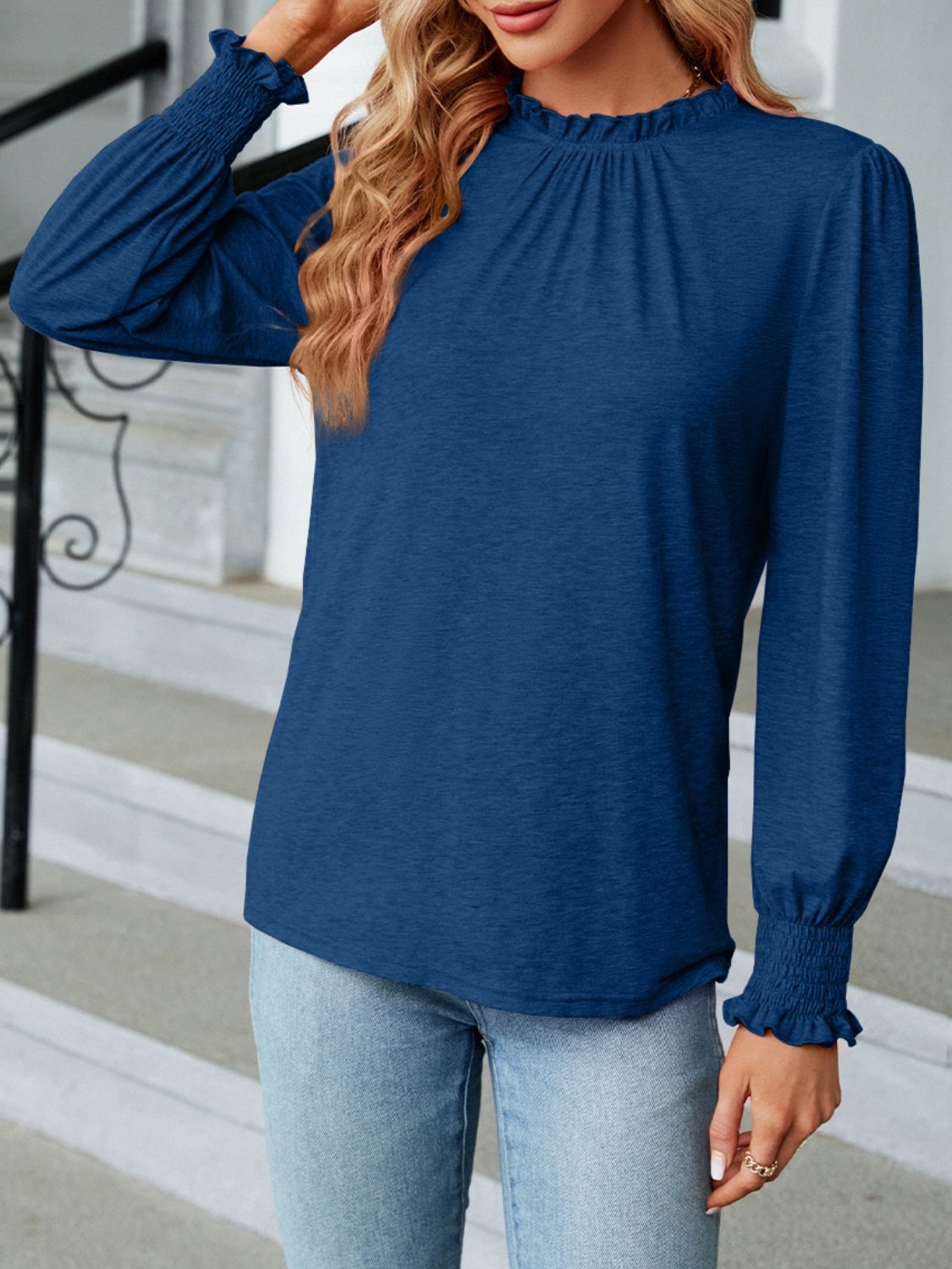 Damen Unifarben Langarm T-Shirts T-Shirt Rundhals Gerafft Retro Frühling/Herbst Oberteile