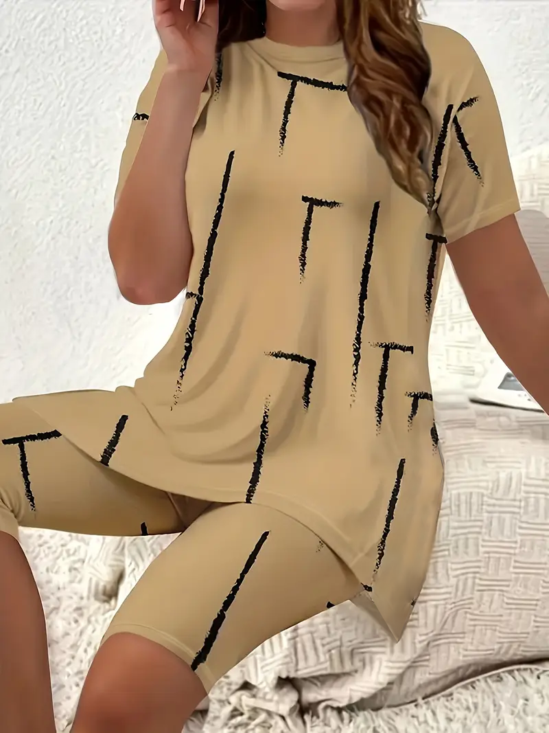 Damen Abstrakt Print Zweiteiliges Set Täglich Kurzarm Lässig Sommer Bluse mit Hose Matching Set