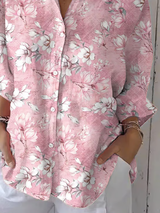 Damen Geblümt Dreiviertelärmel Bluse Frühling/Herbst Print Hemdkragen Täglich Lässig Oberteile