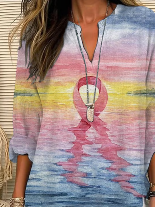 Damen Abstrakt Langarm Bluse Frühling/Herbst Print V-Ausschnitt Täglich Lässig Oberteile