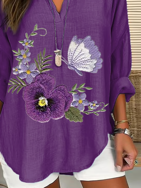 Damen Geblümt Langarm Bluse Frühling/Herbst Print V-Ausschnitt Täglich Lässig Oberteile