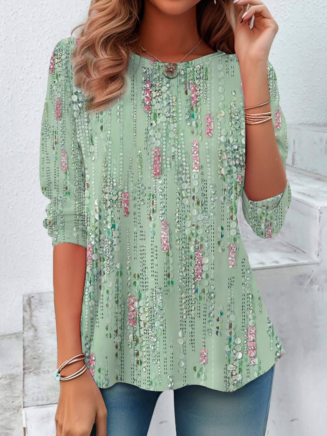 Damen Abstrakt Langarm T-Shirts T-Shirt Rundhals Print Lässig Frühling/Herbst Tunika Oberteile