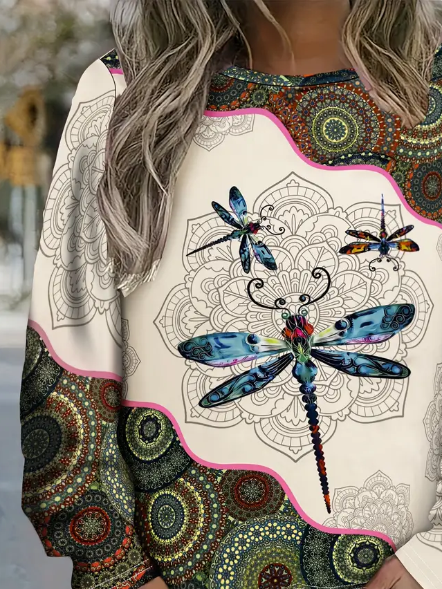 Damen Libelle Rundhals Print Lässig Frühling/Herbst Langarm Sweatshirt