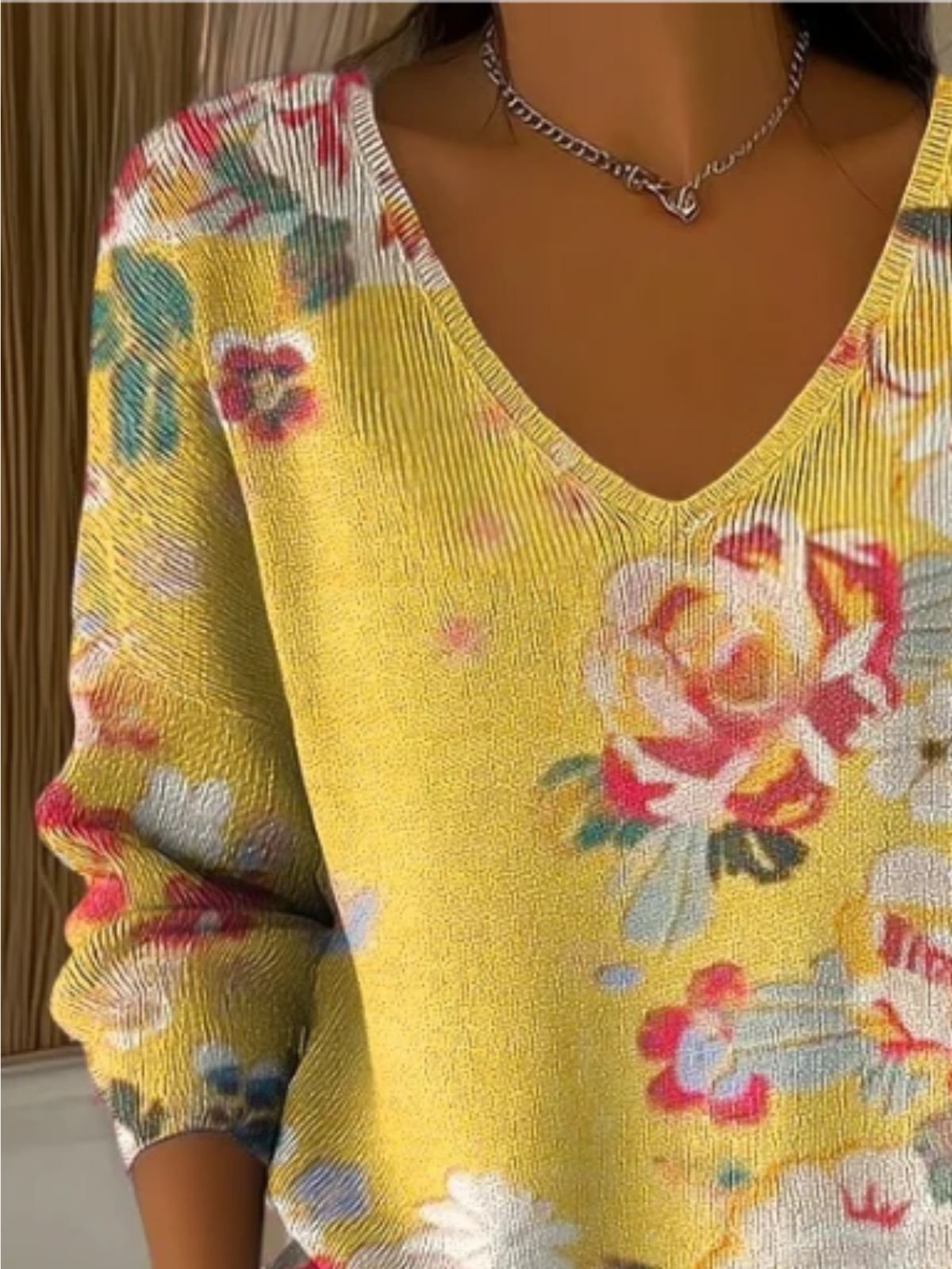 Damen Geblümt Frühling/Herbst Lässig Langarm V-Ausschnitt Baumwolle Pullover