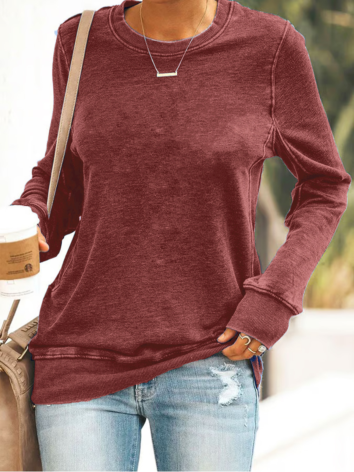 Damen Unifarben Rundhals Lässig Frühling/Herbst Langarm Sweatshirt
