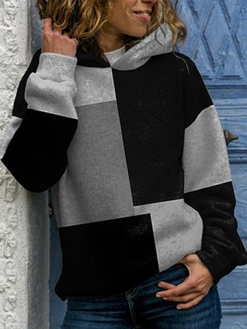 Damen Multifarben Block Frühling/Herbst Print Langarm Lässig Täglich Kapuze