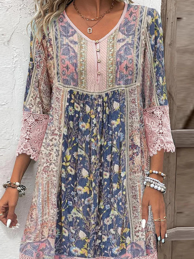 Damen Geblümt Dreiviertelärmel Frühling/Herbst Nahtverarbeitung Kleid V-Ausschnitt Täglich Retro Maxikleid T-Shirt-Kleid A-Linien-Kleid