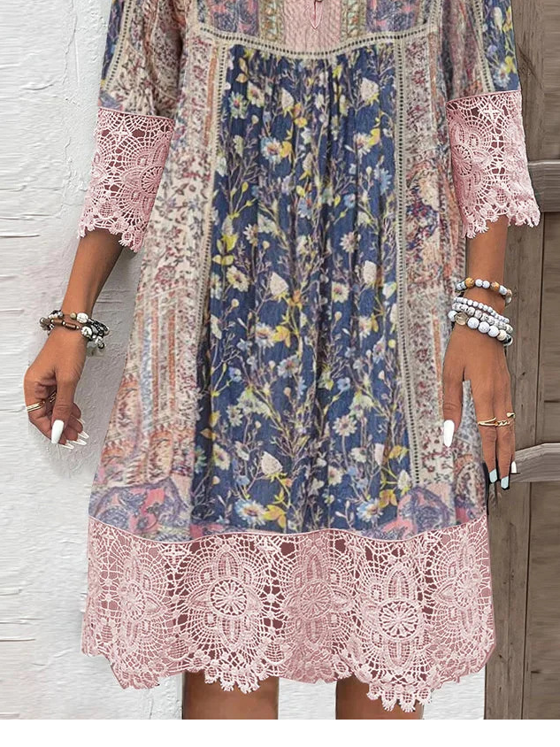 Damen Geblümt Dreiviertelärmel Frühling/Herbst Nahtverarbeitung Kleid V-Ausschnitt Täglich Retro Maxikleid T-Shirt-Kleid A-Linien-Kleid