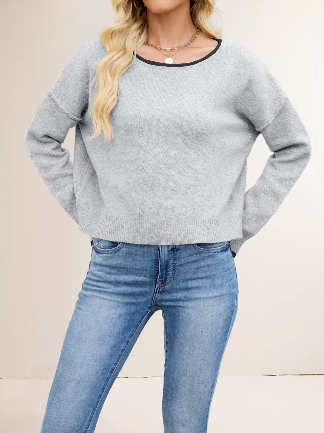 Damen Unifarben Nahtverarbeitung Winter Straße Langarm Rundhals Pullover