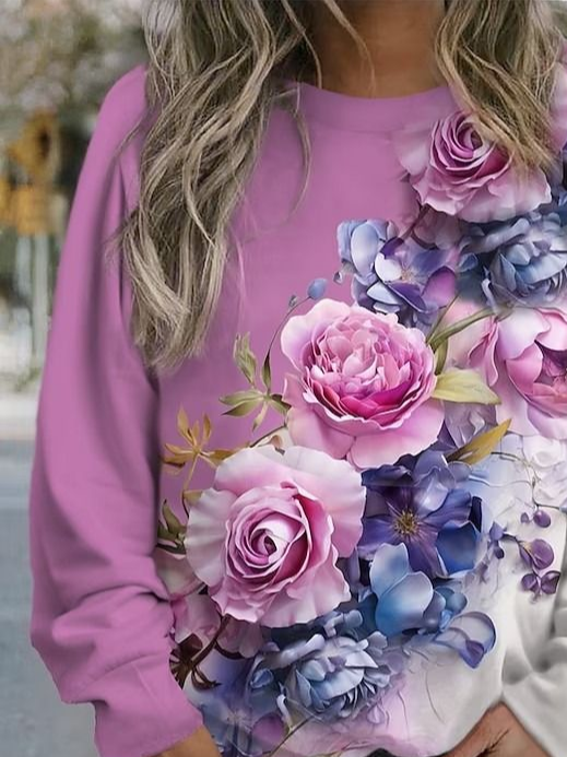 Damen Geblümt Rundhals Print Lässig Frühling/Herbst Langarm Sweatshirt