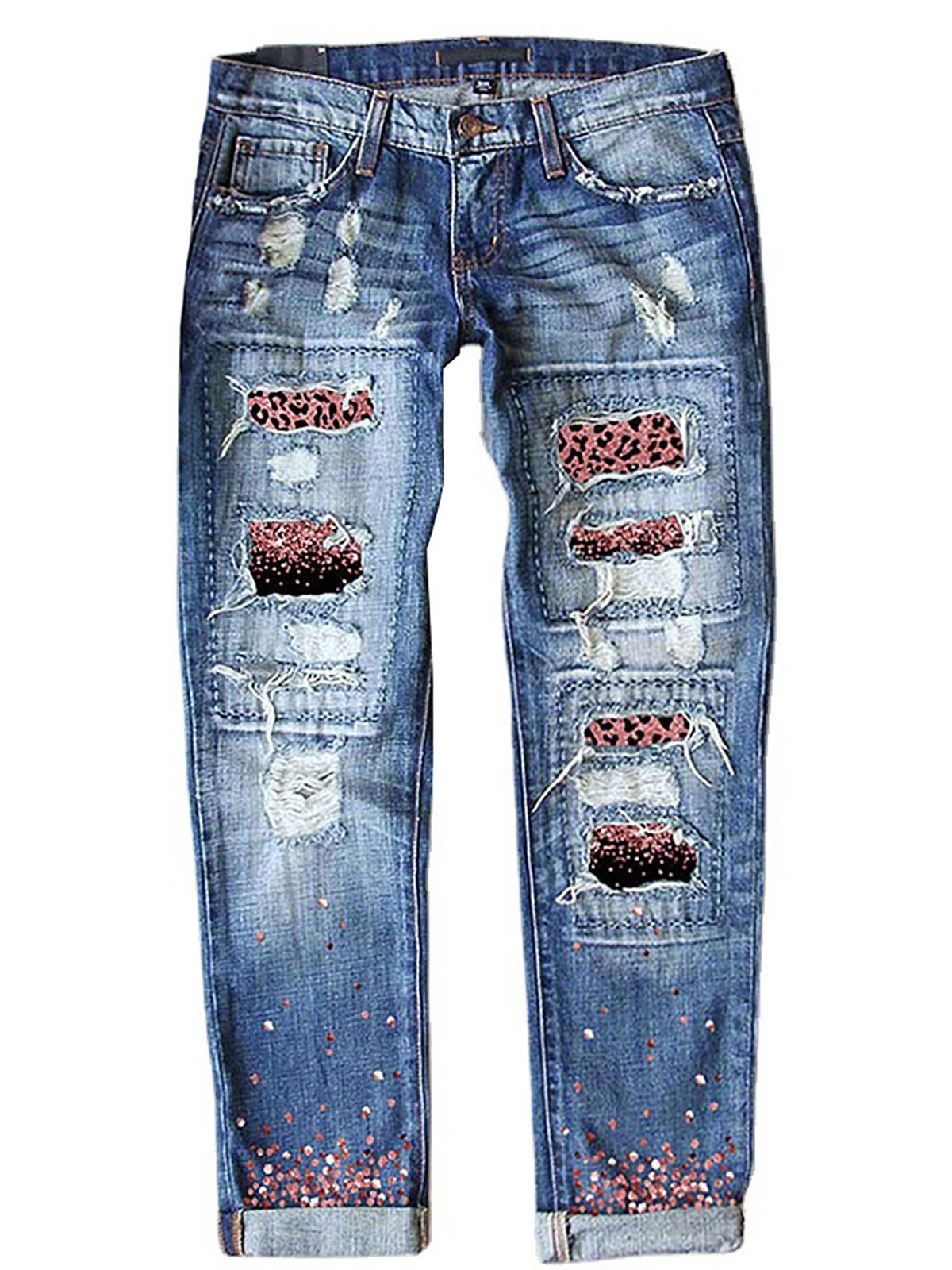 Straße Leopard Fashion schmal geschnitten Print Patchwork Zerrissen Jeans