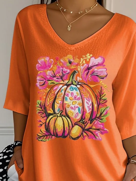 Damen Geblümt Dreiviertelärmel T-Shirts T-Shirt V-Ausschnitt Print Lässig Frühling/Herbst T-Shirt mit Grafik Oberteile